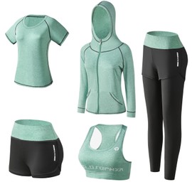 XPINYT 5pcs Workout Outfits for Women Athletic Sets Sport Suits Yoga Gym Fitness Exercise Clothes Jogging Tracksuits(Green 03,L)