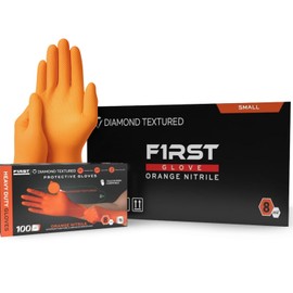 First Glove Heavy Duty Diamond Textured 8 Mil Thick Orange Nitrile Gloves - Industrial Nitrile Gloves - Latex-Free (1 Pack, Medium)