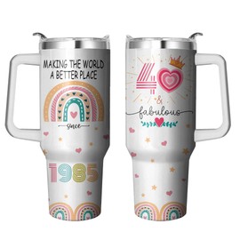 Vaso de 40 cumpleaños con mango y pajita, taza de 40 cumpleaños de acero inoxidable de 40 onzas, regalos de 40 cumpleaños para mujeres, regalos únicos de feliz 40 cumpleaños para mujeres, regalos de