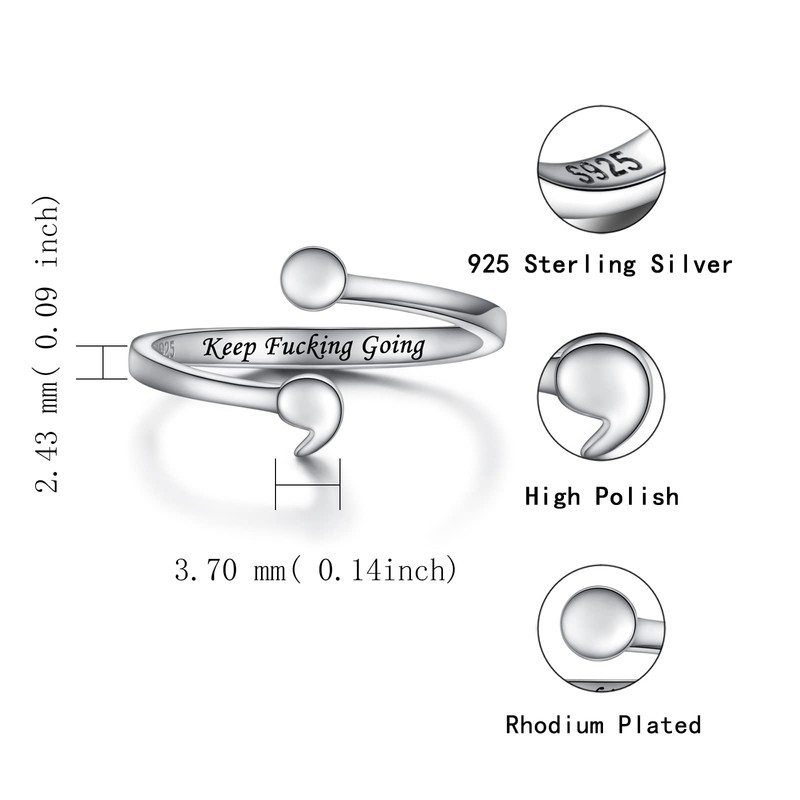 MANBU Sterling Silver Semicolon Ring for Women: I am Enough
