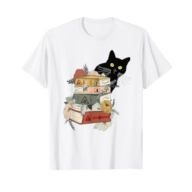 Black Cat And Books Flowers Reading Club Cat Lover Bookworm T-Shirt