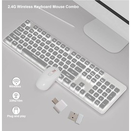 Backlit Keyboard and Mouse Wireless, Full Size, Quiet Input, Ergonomic Tilt Angle, Sleep Mode, 2.4G Rechargable Computer Keyboard and Optical Mice Set for Laptop PC (White + White Light)