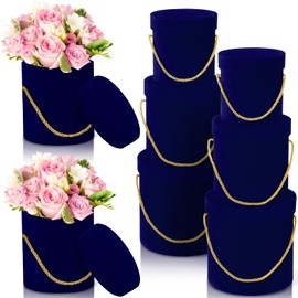 Uiifan 6 Pcs Round Velvet Flower Box with Lids Wedding Velvet Nesting Gifts Box with Handle for Luxury Flower Gift Arrangement Bridesmaid Birthday Party Favor(Blue)
