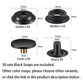 Juego de 200 piezas (50 juegos) de cierre a presión de 15 mm, kit de botones a presión para piel de acero inoxidable de grado marino para bolsa de lona, jeans, ropa, tela (BLack)