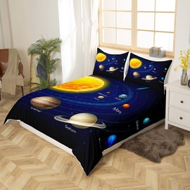 Loussiesd Planet Solar System Bedding Set Galaxy Space Duvet Cover for Kids Boys Girls Universe Comforter Educational Planetary Orbit Decor Quilt with 1 Pillowcase 2Pcs Single, Multicoloured 15630