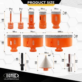 BGTEC Diamond Core Drill Bits-11PCS 5/8-11 Thread Tile Hole Saw 6/6/20/25/35/50/75/100mm+50mm Beveling Chamfer Bit+SDS/HEX Adapter for Pocelian Tile Ceramic Marble Granite Stoneware