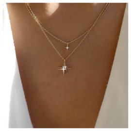 Allereyae Vintage Layered Rhinestone Northstar Necklace Crystal Star Pendant Necklace Gold Cz Starburst Choker Necklace Double Star Necklace Jewelry for Women (Gold)