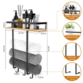 Towel Racks for Bathroom Wall Mounted, Bath Towel Holder with Wooden Shelf, Wall Towel Storage Organizer Rolled Towel Shelf for Large Towels, Small Towels, Hand Towels,Spa, Salon, RV