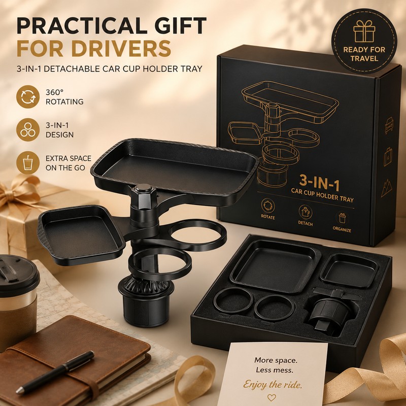 Car Cup Holder Tray for Road Trips – 360° Rotating