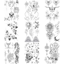 Glaryyears Latest Temporary Tattoo for Women Girls Adults, 9-Pack Black Large Realistic Snake Tattoos Stickers, Variery Pack Fake Tattoos Butterfly Mermaid, Body Tattoos for Chest Waist Arm Thigh