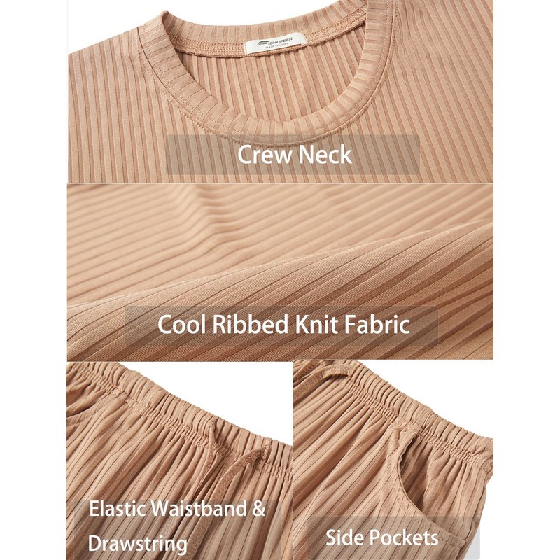 EISHOPEER Couples Knit Ribbed Sleepwear Short Sleeve Top & Shorts