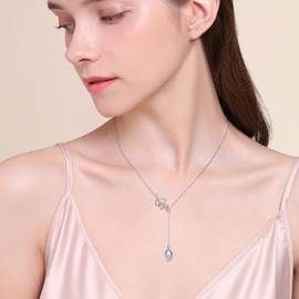 DAOCHONG Long Leaf Y Shaped Lariat Necklace Sterling Silver Calla Lily Long Chain Drop Adjustable Necklace Layered Necklace 30"