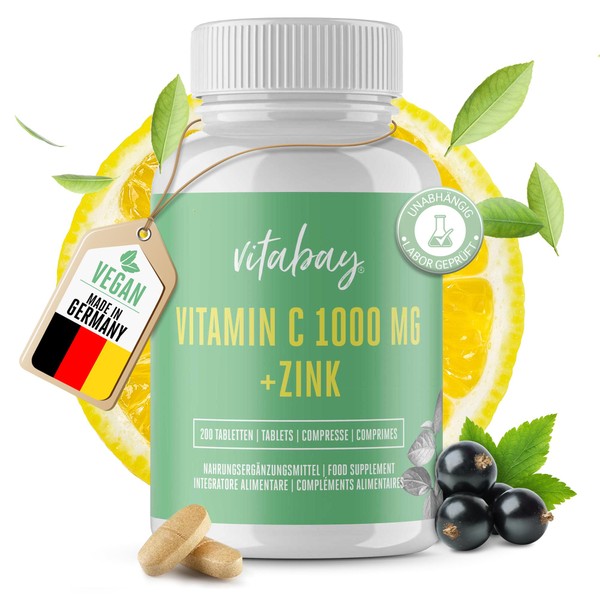 Vitabay Vitamin C Zinc Tablets 200 Vegan Tablets 1000 mg - Vitamin C High Dose Zinc High Dose Vitamin C 1000 mg C+ Zinc Capsules Vitamin C Capsules Zinc Vitamin C Tablets Vitamin C and Zinc