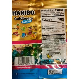 New Limited Edition Haribo Goldbears Gummi Bears Tropical Flavors: Pineapple, Kiwi, Passion Fruit, Paradise Punch. 4oz Share Size