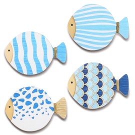 HJZHII 4pcs Wood Fish Wall Decor, Vintage Blue Fish Hanging Sculptures Nautical Coastal Wall Art Decor Ocean Beach Theme Ornaments for Lake House Bathroom Bedroom