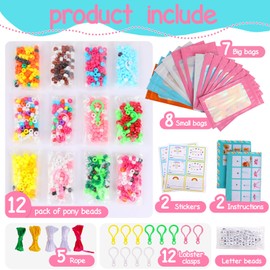 Beads for Crafts, 12 Designs Pony Beads Keychain Making Kit with Letter Beads, Bead Pets Art Crafts,Includes Instructions, Cording, Keychains & Bags,Stickers DIY Craft Kits for Beginners