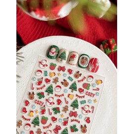 Christmas Nail Art Stickers 5D Embossed Xmas Tree Nail Stickers Red Cute Snowman Canes Santa Elk Nail Decals Self-Adhesive Winter Stickers for Women Girls Holiday Manicure DIY Nail Supplies