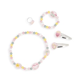 Janod J08880 Janod-5-teiliges Schmuckset Einhörner-1 Halskette, 1 Armband, 1 Ring und 2 Haarspangen-Schmuck aus Holz und FSC-Metall-Modeaccessoire-Ab 3 Jahre-J08880