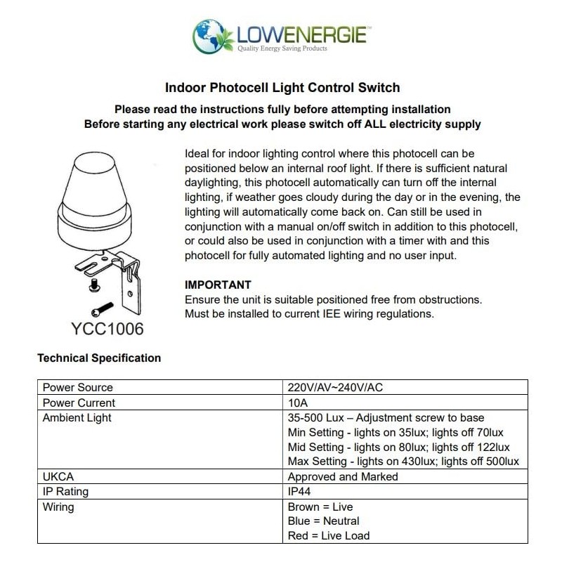 Lowenergie Indoor Photocell Daylight Sensor Switch Adjustable LUX Auto Off
