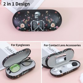 FlyingMage 2 in 1 Contact Lens Case and Eyeglasses Case for Women Men Kids, Double Sided Hard Shell Portable Glasses Travel Holder with Built-in Mirror, Contact Lens Box Storage Kit (Black Skull)