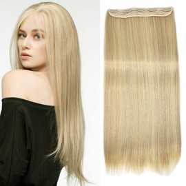 Clip in Synthetic Hair Extensions Long Straight 1PC Super Durable Soft BB Clip Hairpieces Fiber Weft Natural Hair Ends No Knots Extensions 20 Inch for Women Easy to Wear (S1-straight wave, 24H613# Pale Golden Blonde To Light Bleach Blonde)