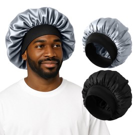 ZHENSILK 2PCS Silk Satin Bonnet for Men Sleeping, Soft Hair Cap for Locs Dreads Braids, Lightweight Night Bonnet for Curly Hair Protection Shower Cap (Black Silver)
