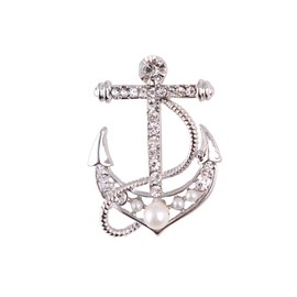 Personality Pearl Crystal Anchor Fashion Brooch Pin Women's Clothing Accessories Jewelry (Silver anchor)