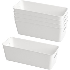 W&H 5 PCS Plastic Storage Boxes, White Rectangle Bathroom Storage Baskets with Handle, Kitchen Cupboard Boxes, Narrow Organiser for Home, Drawers, Office, Shelves - 26.8×8.8×9.5cm