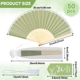 50 Sets Sage Green Wedding Fans for Guests Bulk Wedding Favors Imitated Silk Fabric Bamboo Handheld Folding Fan with Organza Bags and Thank You Tags &Tassels for Bridal Shower Bridesmaid Church Gifts