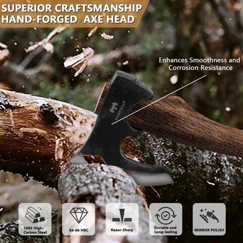 Hatchet Axe, 15.7" Camping Hatchet with Leather Sheath, Bushcraft Axe