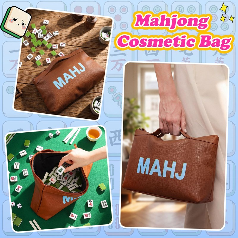 Tallew Leather Mahjong Tile Bag with Zipper Handle Lining Mahjong