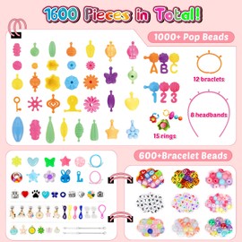 FUNZBO 1600 Pcs Pop Beads with Bracelet Making Kit, Jewelry Making Kit for 3 4 5 6 7 8 9 Year Old Little Girls, Arts and Crafts Toys for Kids, Necklace Bracelet Ring Creativity Holidays Birthday Gifts