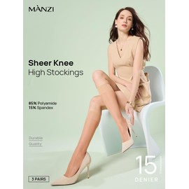 MANZI 3 Pairs Sheer Knee High Stockings for Women 15 Denier Ladies Nylon Knee Highs Trouser Socks (Natural Nude)