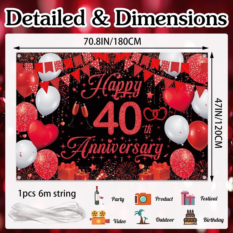 40th Wedding Anniversary Banner Backdrop - Black Red Happy 40th
