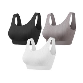 Vinfact 3 Pack Striped Sports Bras for Women Removable Padded Wireless Bras Yoga Bra Support Workout Fitness Truffle Black,Grey,White L