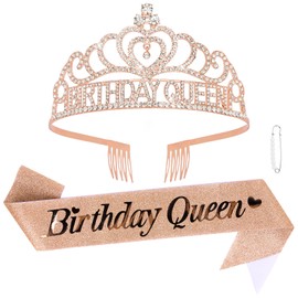 CURASA Rose Gold Birthday Queen Sash and Crown for Girls Adult Woman Crystal Birthday Tiaras and Sashes for Girls Princess Crowns Decoration for Party Gifts