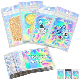 60 Pieces Smell Proof Mylar Bags 15x10cm Foil Ziplock Bags Holographic Bags Glossy Resealable Small Ziplock Bags Sweet Pouches Food Storage Bags for Candy, Jewelry, Packaging Bags, Sample Bags