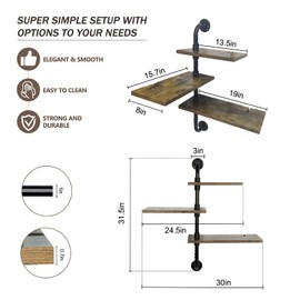 Bloddream 3 Tier Industrial Pipe Shelving Rustic Wood Floating Shelf, Adjustable Corner Wall Mounted Storage Shelves for Farmhouse Kitchen Office Bathroom and Home Decor Shelf