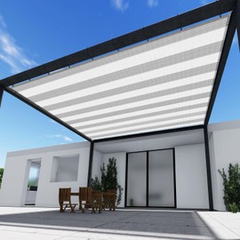 TANG 15' x 15' Shade Cloth with Grommets, Sun Shade Sail Rectangle Straight Side, UV Blocker Fabric Patio Canopy for Deck Carport Backyard Pergola Cover, White with Grey Stripes