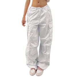 LQI Parachute Pants for Women Y2K Baggy Cargo Pants Drawstring Trousers Low Rise Loose Jogger Sweatpants White