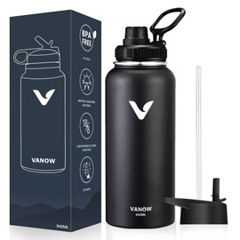 Termo de Acero Inoxidable, Termo de Agua con 2 Tapas, para Agua Fría (24 horas) o Caliente (12 horas), Doble Pared y Tapa Hermética Antigoteo, con Asa para Transportar (940ml/32Oz, Negro)