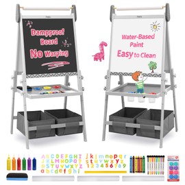 FUNLIO Anti-Warping Kids Art Easel, 3 Height Adjustable for Kids Aged 3-8, All-in-One Toddler Easel with Paper Roll & Erasable Frame, Standing Easel with Magnetic Chalkboard/Whiteboard (Gray)