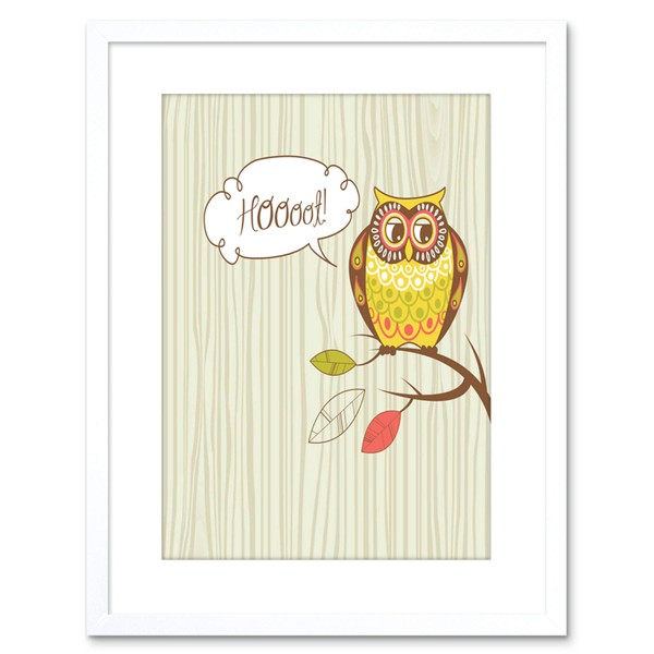 PAINTING ILLUSTRATION CARTOON OWL HOOT LEAVES BRANCH CUTE Framed Print