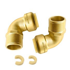 （Pack of 2）Foskan Push Fit Brass Fittings, 3/4"PTC x 3/4"Male Thread Elbow With Disconnect Clip, Push to Connect PEX, Copper, CPVC Pipes for Pipe Repairs & Projects(PTC x MNPT)