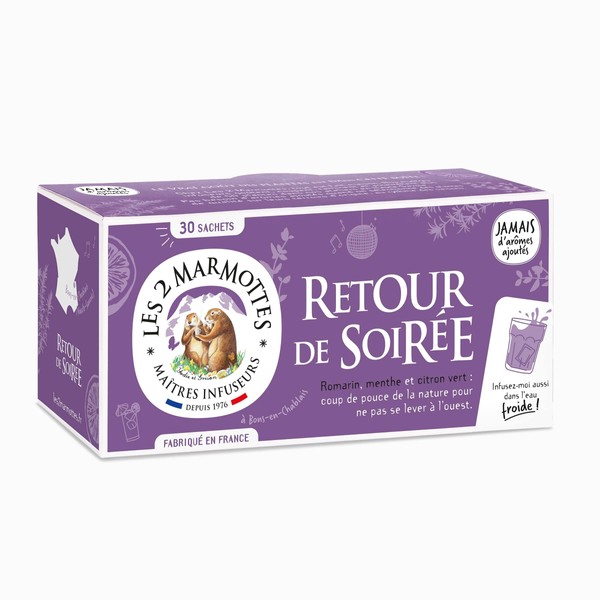 Les 2 Marmottes - Organic Return of Evening Infusion - 30 Sachets - Rosemary, Mint and Lemon - Fresh and Invigorating - Ideal after the party - Hot or Cold - Made in France - No Added Flavours - 42g