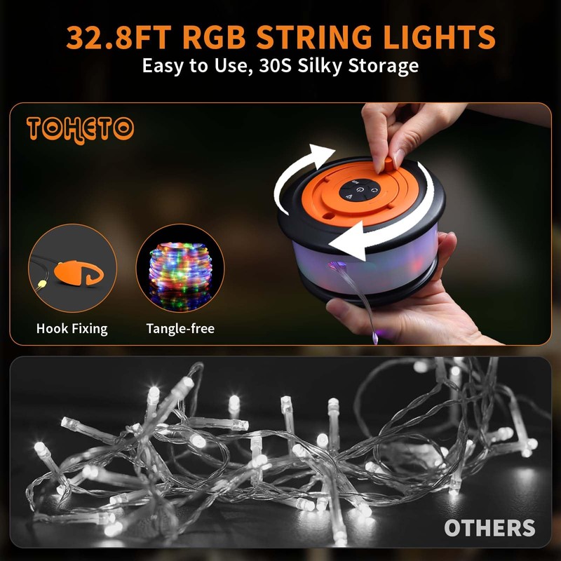 TOHETO Camping String Lights, 3 in 1 Upgraded Retractable RGB