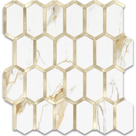Vamos Tile Long Hexagon Peel and Stick Tile Backsplash - 10 Sheets Stick on Backsplash for Kitchen and Bathroom Calacatta Gold Mixed Metal Light Gold PVC Self Adhesive Mosaic Wall Tiles(Seamless)