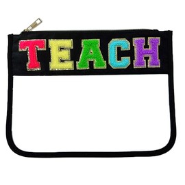 Bolsa de maquillaje transparente con letras universitarias de chenilla, con purpurina, parche con cierre, bolsa de aseo para viajes, playa, verano, pi