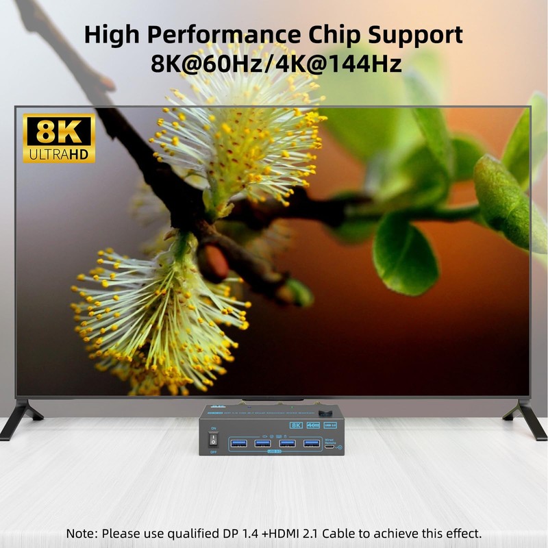 8K Displayport 1.4 + HDMI 2.1 Dual Monitor KVM Switch