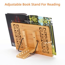 MEGREZ Bamboo Book Stand (13.2 x 9.4 inch) for Reading, Kitchen Cookbook Holder, Adjustable for Tablet/Textbook, Hollow Bookrest, Panda